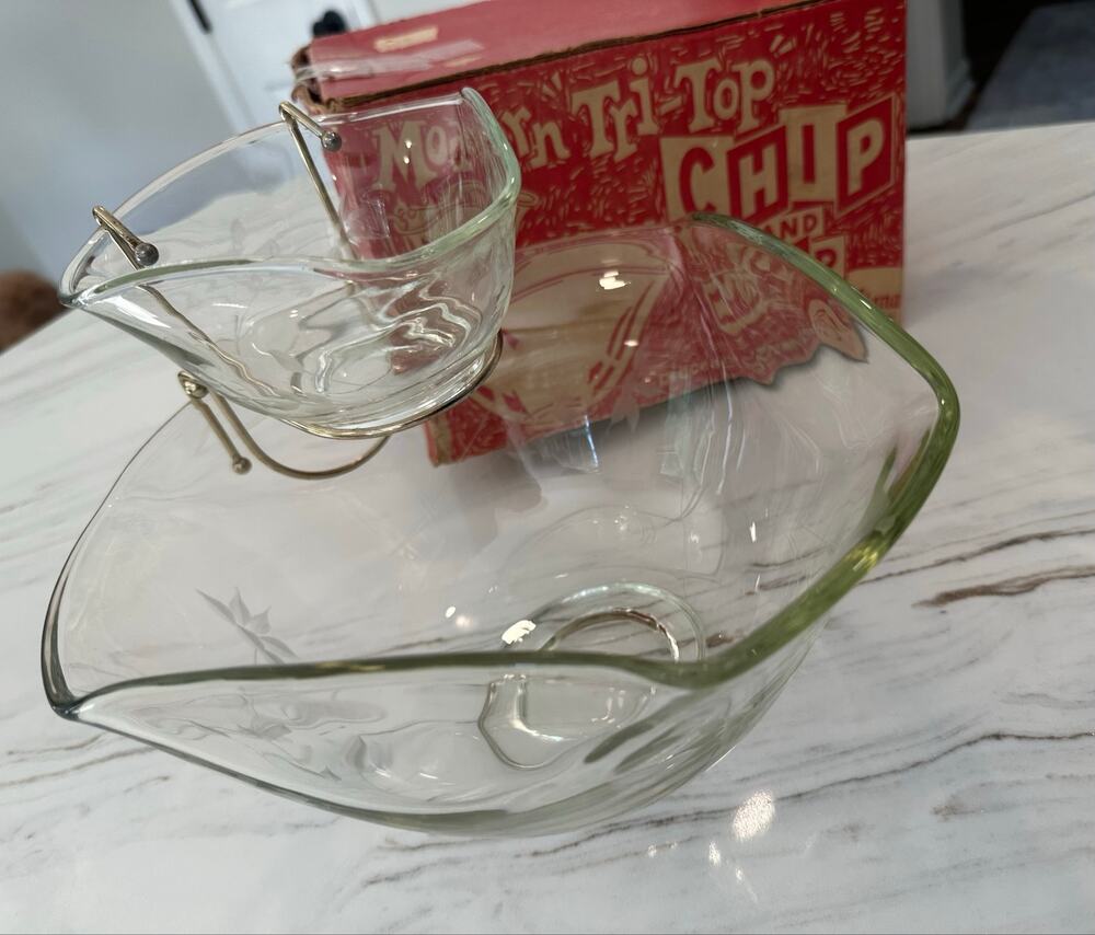 Vtg Indiana Glass Tri-Top Chip & Dip Set 3-Piece MCM Etched Leaf OG Box 1950s